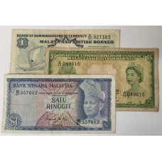 MALAYSIA 1953, 1957, 1967 . ONE and FIVE DOLLARS . RARE BANKNOTES